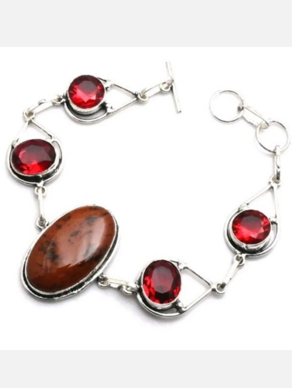 Mahogany Obsidian, Garnet Gemstone 925 Sterling Silver Handmade Toggle Bracelet